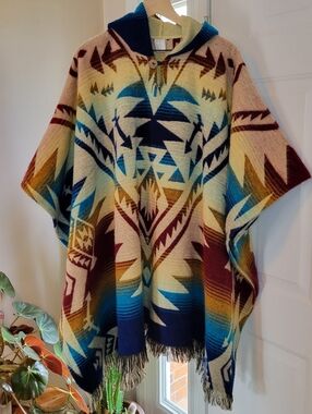 Fringed Multicolored Aztec Native Tribal Hooded Unisez Poncho, One Size Fits All